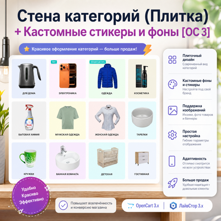 Стена категорий (Плитка) + Кастомные стикеры и фоны [OC 3]